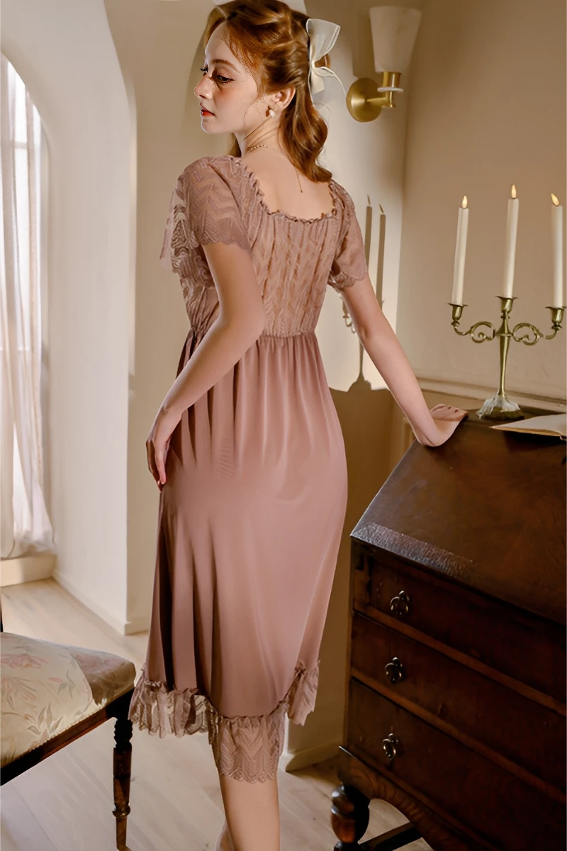 Back view of taupe b2b lace bridal pajamas showing lace back panel and relaxed waistline