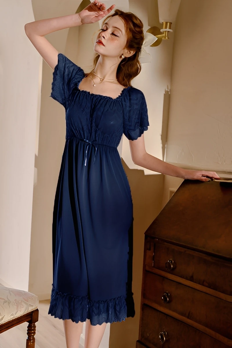 Navy blue b2b lace bridal pajamas with lace neckline and flowing long silhouette
