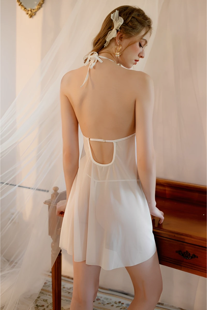 Back view of white b2b lace pajama set cotton showing open back detail and lightweight cotton drape