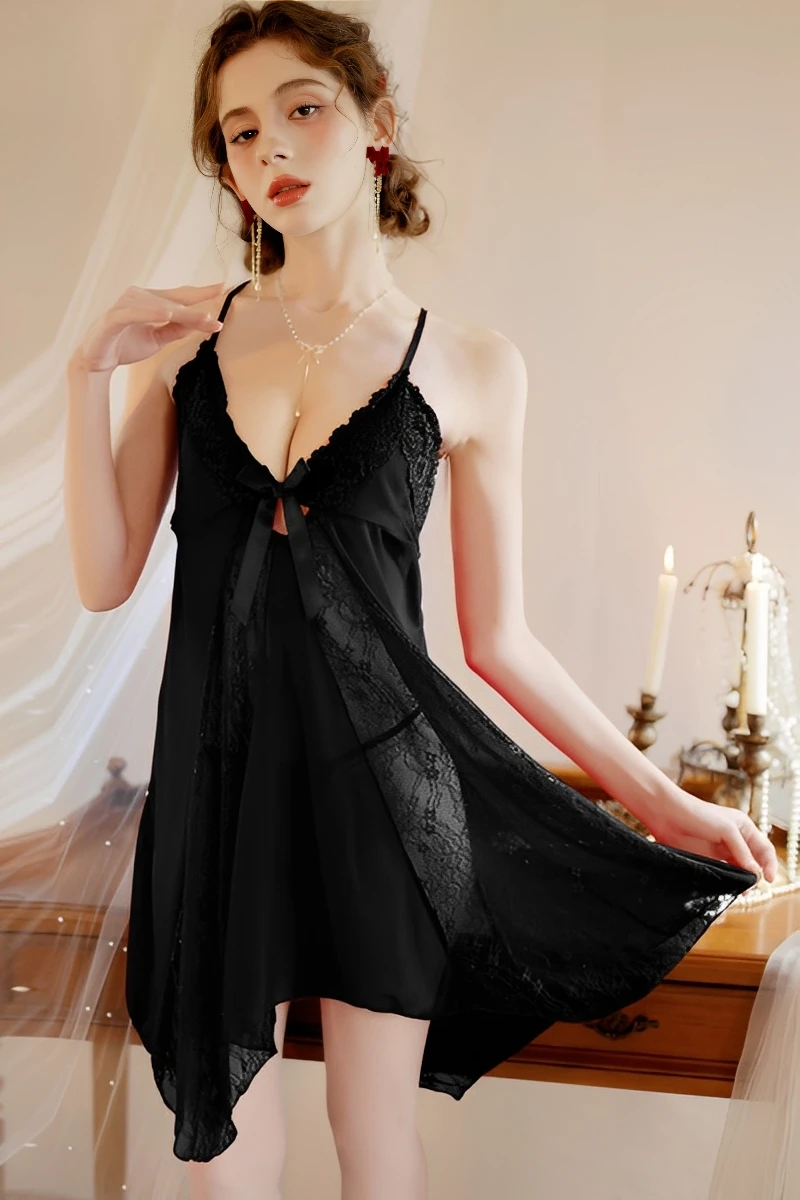 Black sheer lace babydoll from b2b lace pajamas women collection with V-neck and flowing hemline
