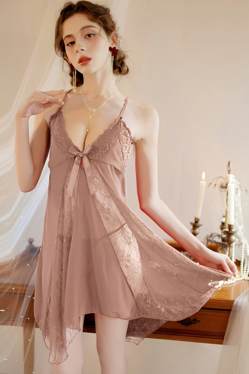 Khaki lace babydoll nightwear from b2b lace pajamas women range with soft sheer fabric and lace accents