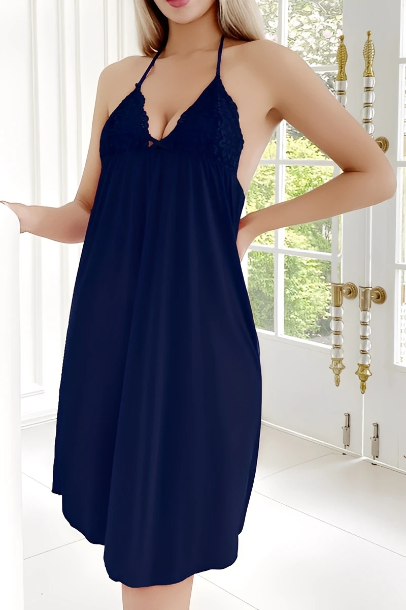 Model wearing navy blue b2b lace trim satin pajama set with halter neckline and flowing satin fabric for bulk lingerie supply