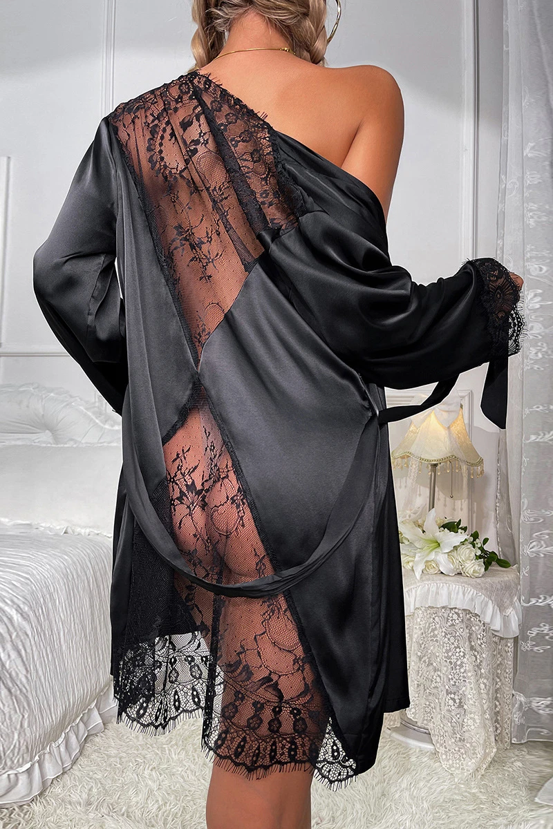 Back view of a b2b sexy black nightgown showcasing sheer lace paneling, soft satin fabric, and scalloped lace hem for an alluring lingerie style.