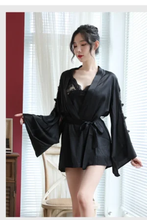 Black short robe style b2b sexy cotton nightgown with lace panels, styled for modern women’s nightwear collections.