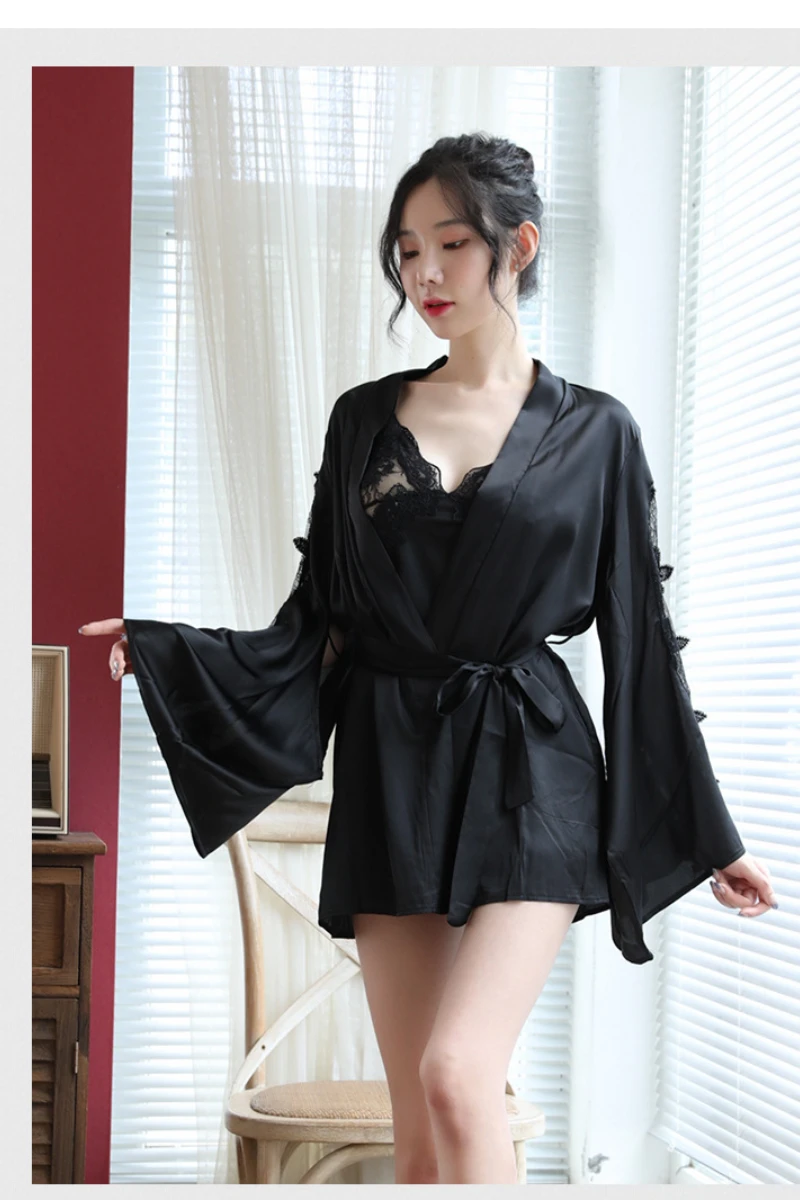 Black short robe style b2b sexy cotton nightgown with lace panels, styled for modern women’s nightwear collections.