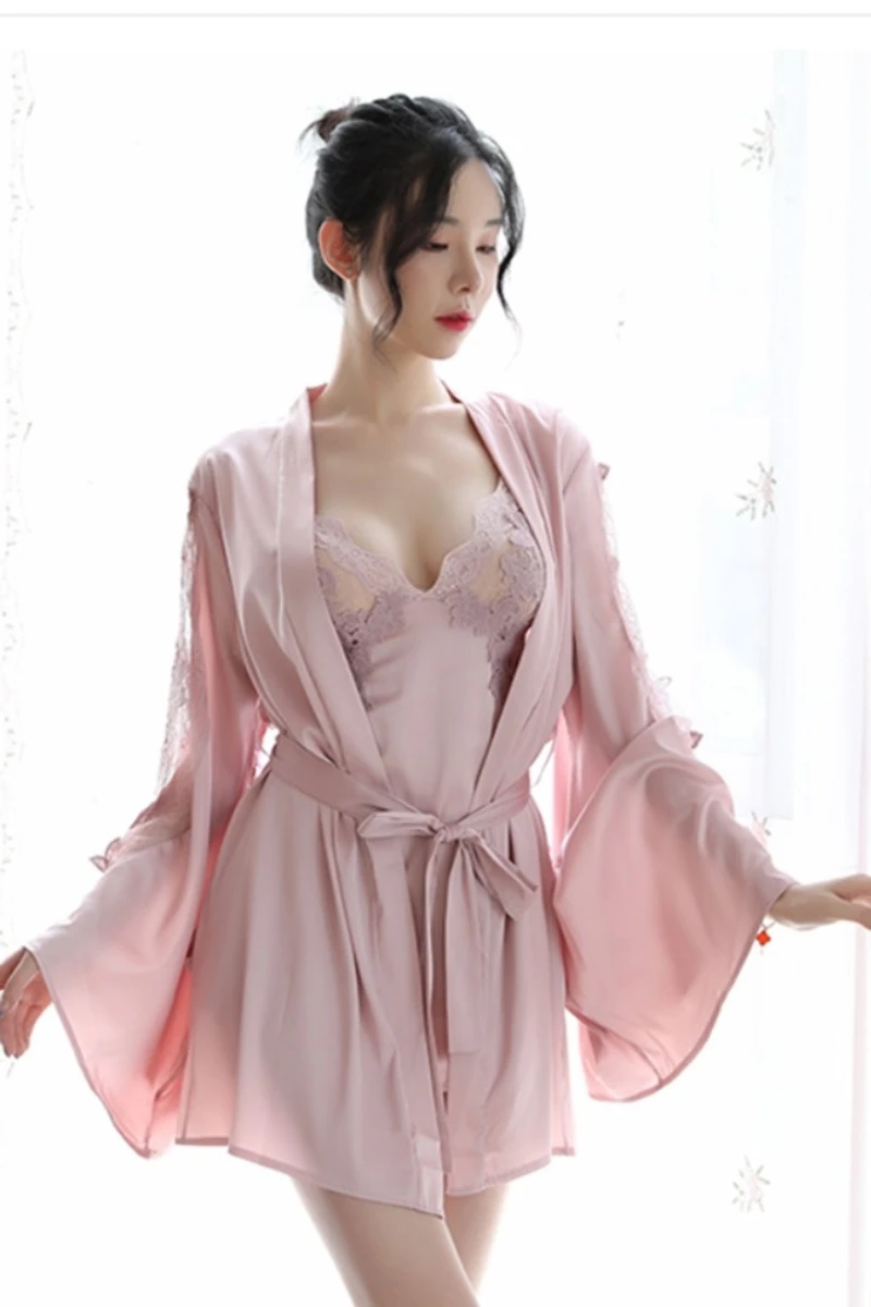 Model wearing a blush pink short robe and lace-trim slip, showcasing a b2b sexy cotton nightgown with soft drape and feminine fit.