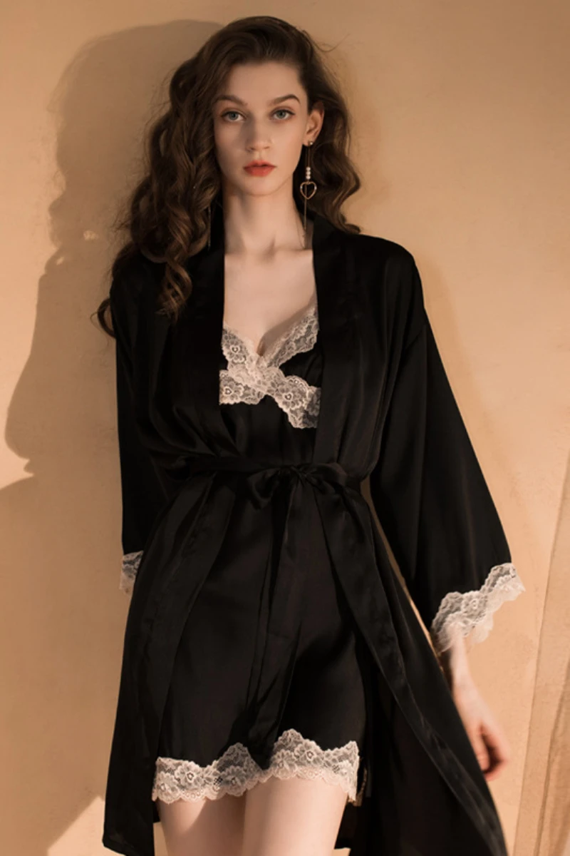 Black lace-trimmed long nightgown with robe, representing b2b sexy long nightgowns for wholesale buyers