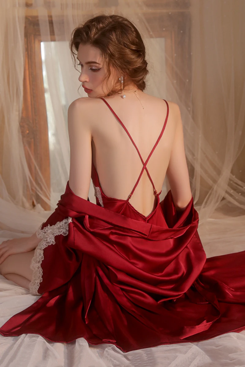 Back view of a red open-back slip dress highlighting b2b sexy long nightgowns with thin straps and elegant drape
