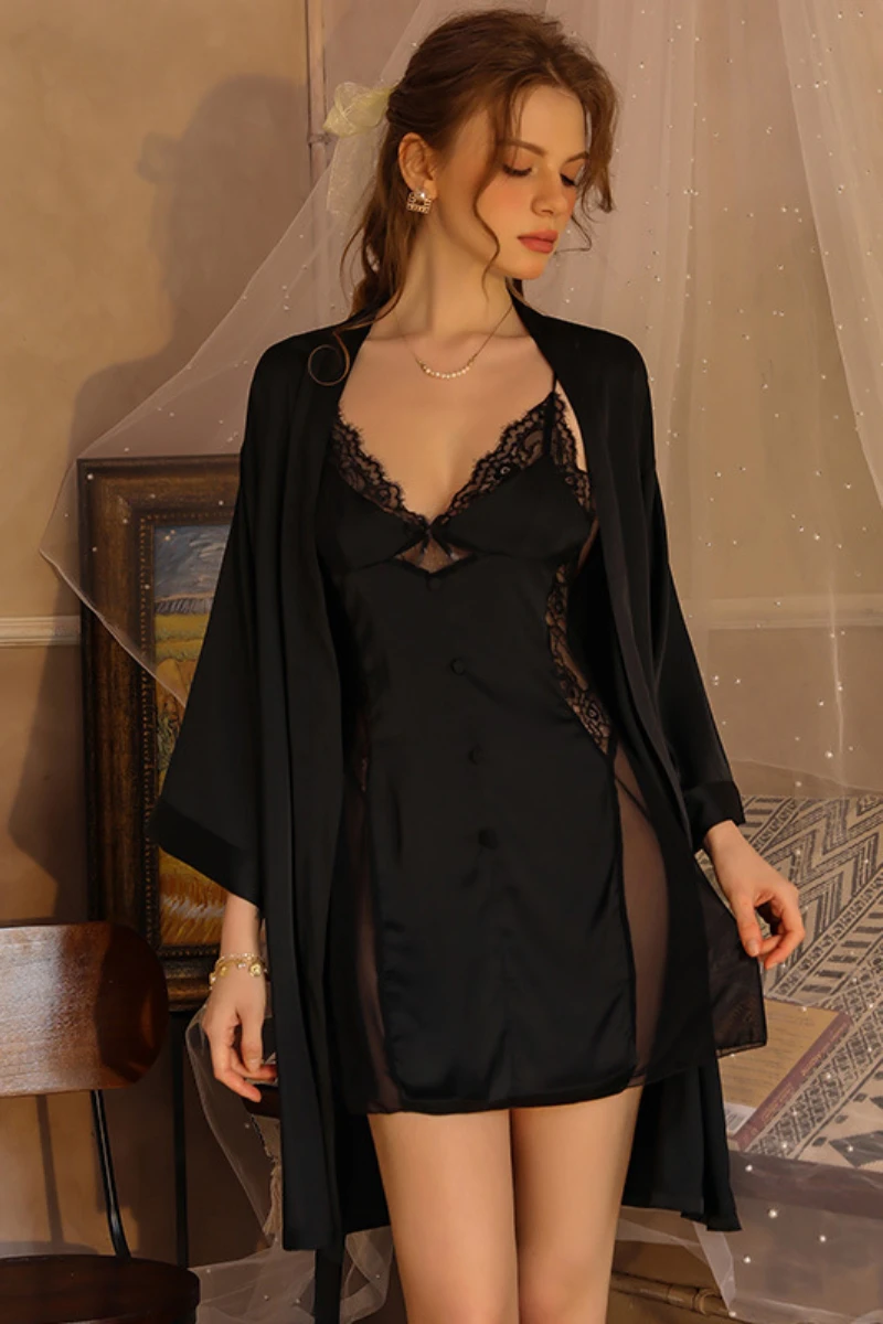 Black b2b sexy silk nightgown with sheer lace inserts, button front detail, and matching outer robe