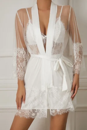Front view of a b2b sexy white nightgown with deep V-neck lace bra, sheer sleeves, and waist tie.
