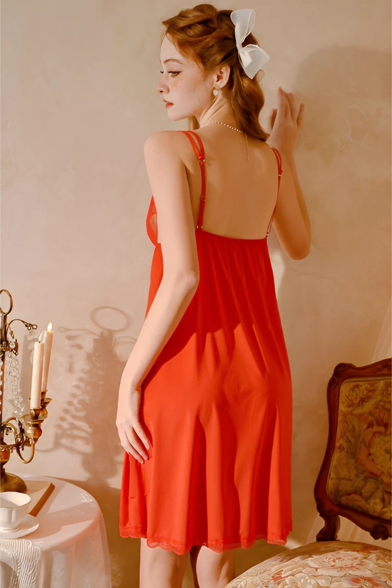 Back view of red b2b silk lace pajama set showing adjustable shoulder straps and relaxed fit