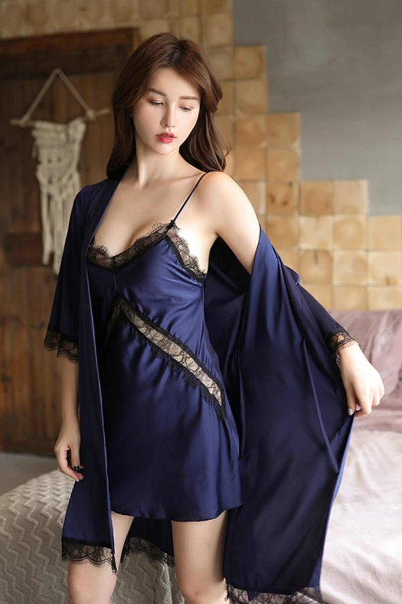 b2b women sexy nightgowns shown in navy blue satin with lace-trimmed neckline and flowing robe for elegant nightwear use