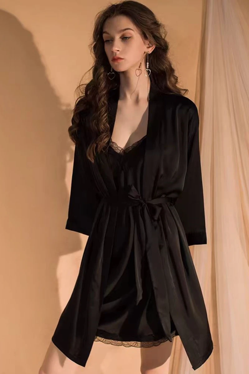 Black b2b long sexy nightgowns with lace neckline, long flowing skirt, and matching robe for B2B supply