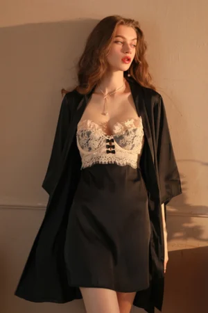 Black wholesale cotton sexy nightgown with lace bust panel and matching robe, fitted bodice and soft cotton fabric for nightwear supply