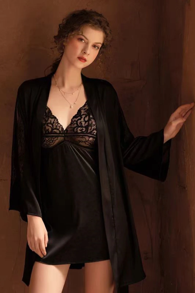 Black lace sexy nightgown paired with a lightweight robe for b2b lace sexy nightgowns buyers