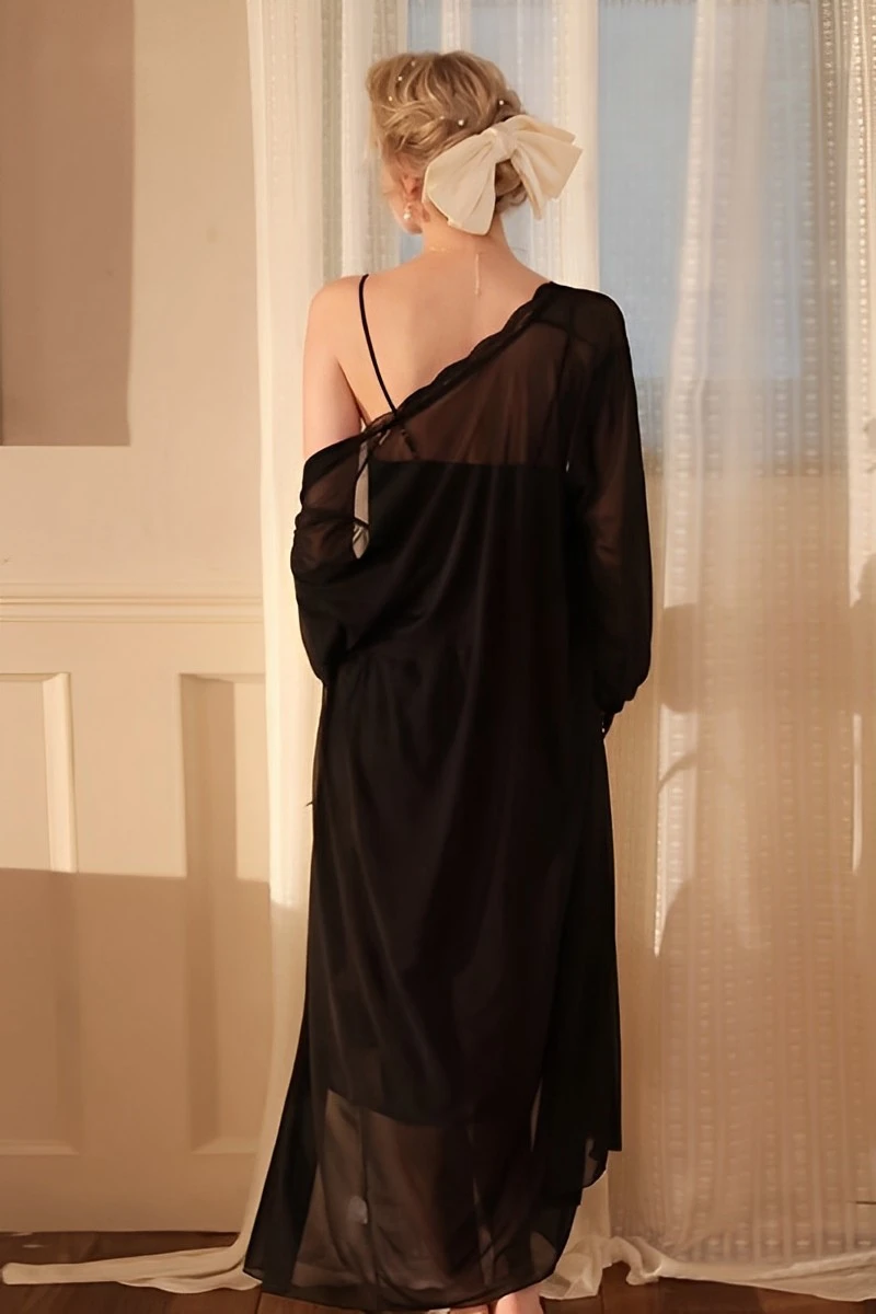 Back view of lace sexy nightgowns in black sheer fabric with asymmetrical shoulder and flowing long-length design