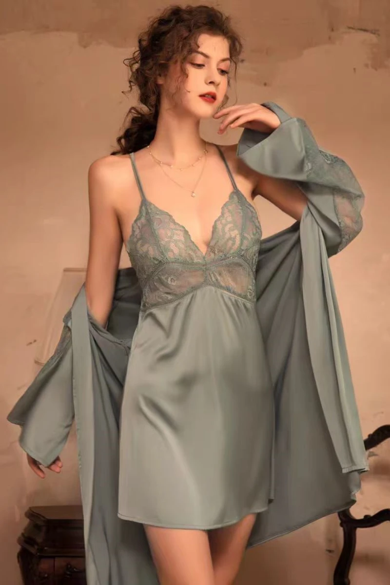 Blue lace nightgown with sheer lace cups and robe for b2b lace sexy nightgowns supply