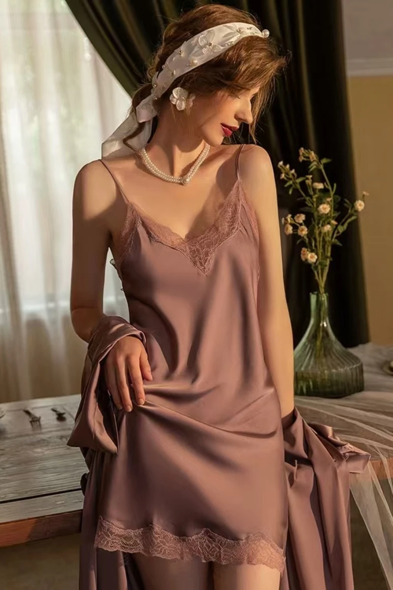 Blue b2b long sexy nightgowns with lace V-neckline and long drape for B2B lingerie buyers