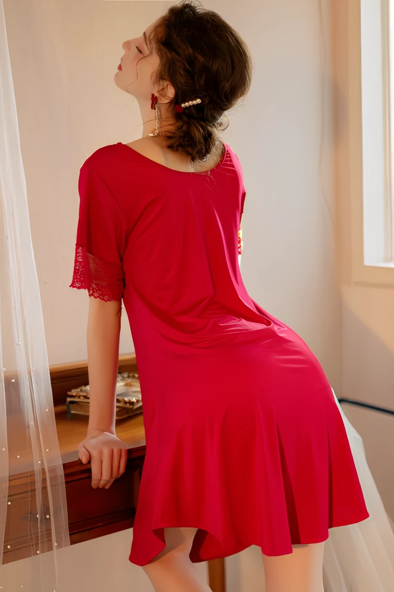 Back view of a wine red bulk cotton lace pajama set showing smooth cotton drape and relaxed fit for women’s pajama bulk supply