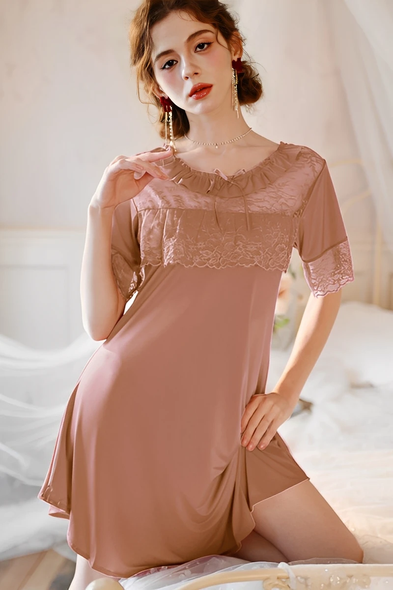 Khaki bulk cotton lace pajama set with lace neckline and short sleeves designed for women’s sleepwear bulk supplyThe bulk cotton lace pajama set in khaki offers a minimal, elegant style with soft cotton comfort. It is well-suited for B2B buyers targeting understated yet sexy pajama designs.