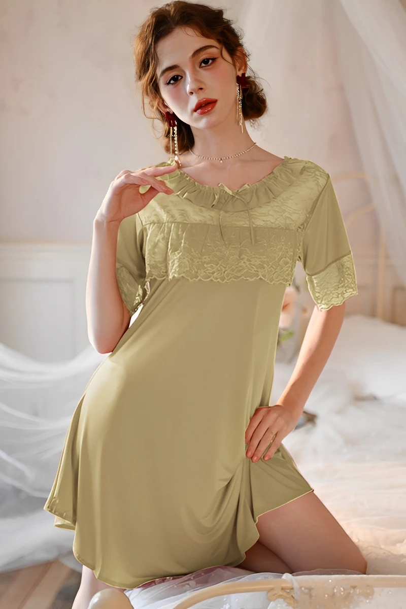 Olive green bulk cotton lace pajama set featuring breathable cotton and lace trim for women’s pajama wholesale distribution