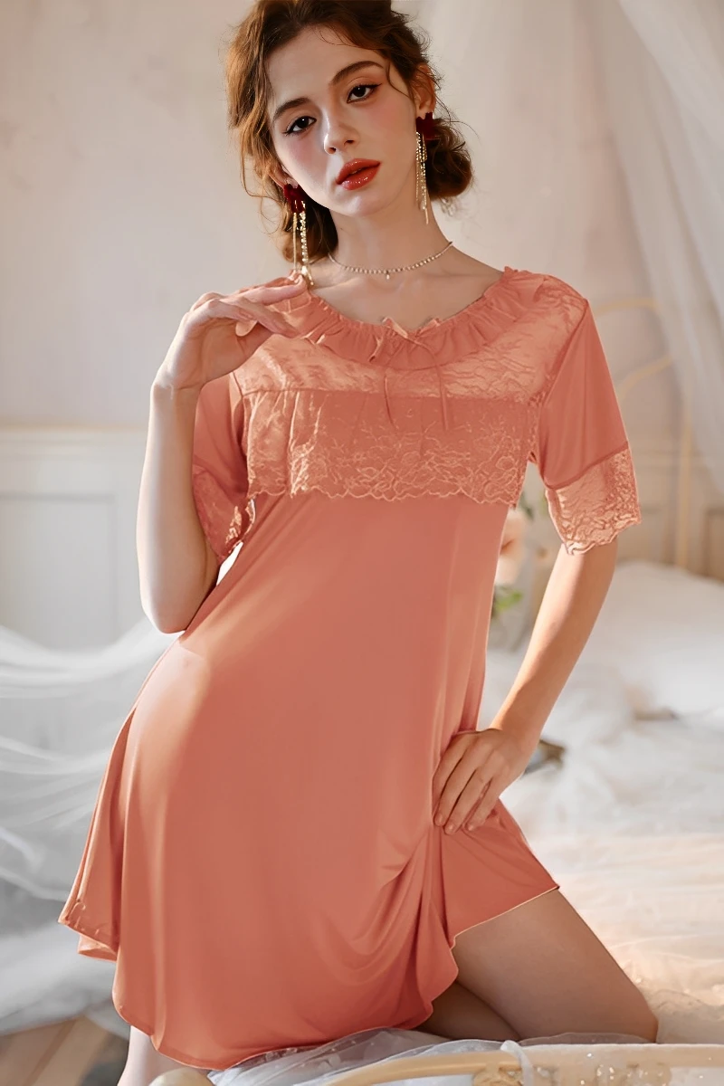 Soft pink bulk cotton lace pajama set featuring lace bodice and lightweight cotton fabric for women’s pajama wholesale supply