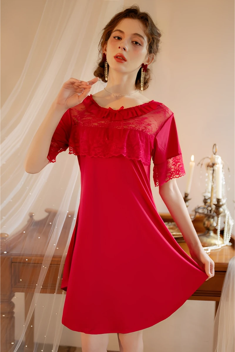 Model wearing a wine red bulk cotton lace pajama set featuring soft cotton fabric and lace neckline detail for women’s sleepwear wholesale