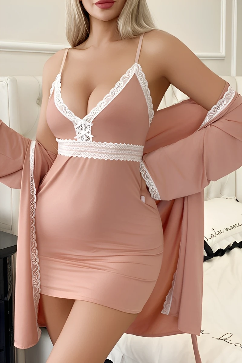 Model wearing bulk Floral Lace Sexy Nightgown in soft pink with floral lace neckline and matching robe for wholesale lingerie display