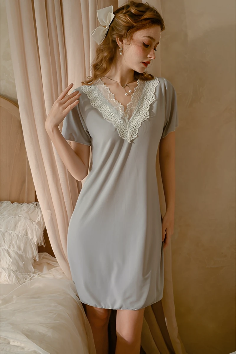 Model wearing a grey short sleeve lace V-neck nightdress, showcasing elegant bulk lace bridal pajamas for B2B supply