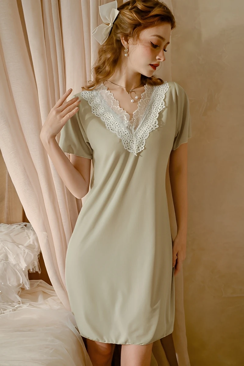 Sage green short sleeve lace bridal nightdress featured as bulk lace bridal pajamas for B2B sourcing