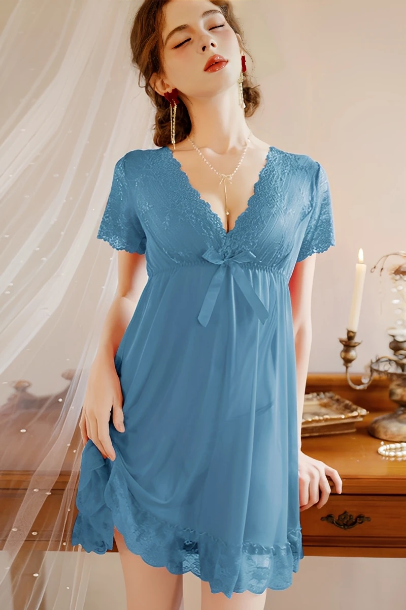 Blue bulk lace pajama top with V-neck lace trim, short sleeves, and lightweight sheer fabric for wholesale markets