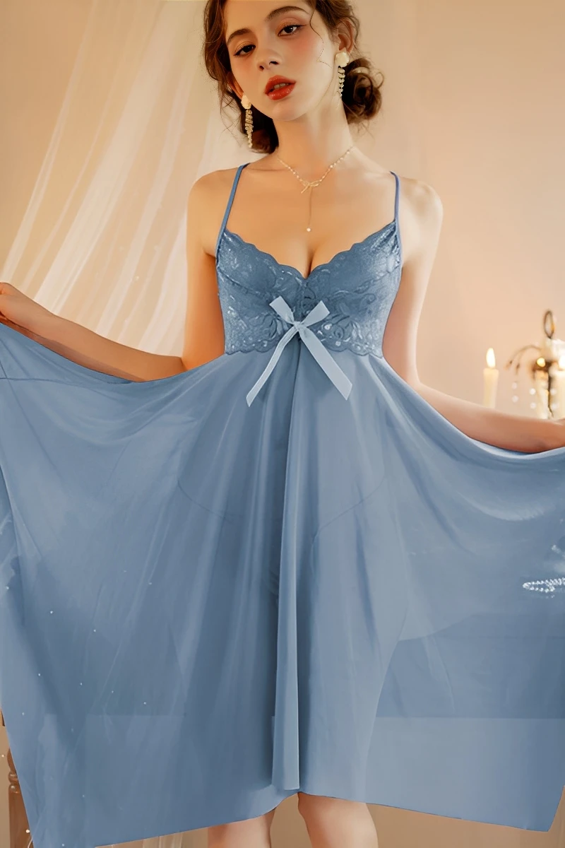 Blue sheer lace babydoll pajamas with bow accent, bulk lace pajamas women for B2B lingerie sales
