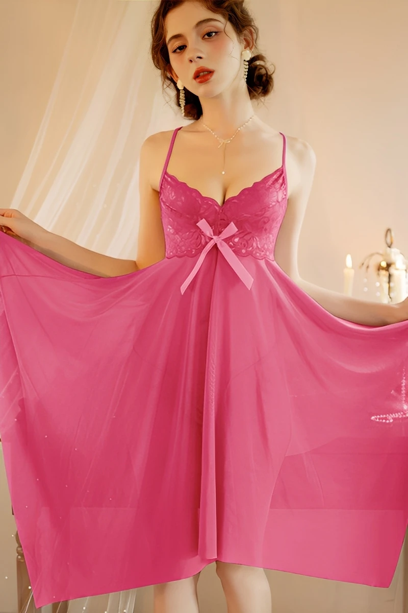 Rose pink lace babydoll nightdress with bow detail, bulk lace pajamas women for wholesale buyers