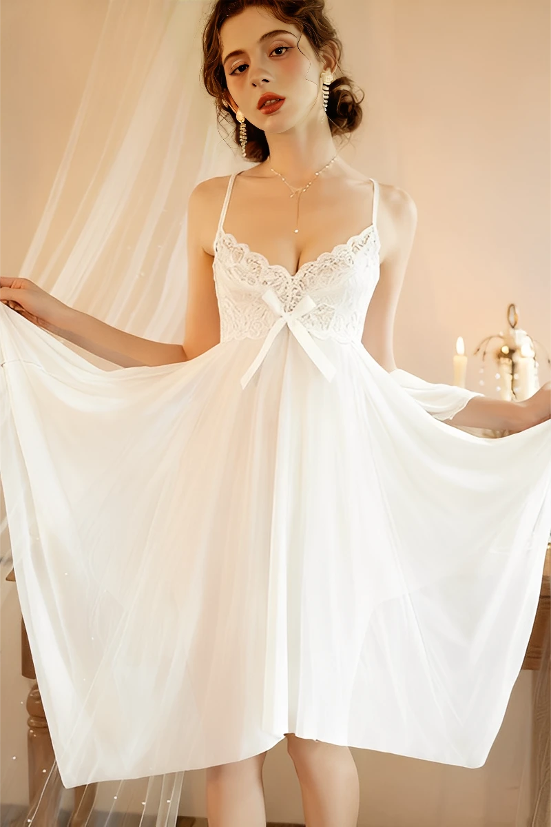 White sheer lace babydoll nightwear with delicate lace cups, bulk lace pajamas women for B2B buyers