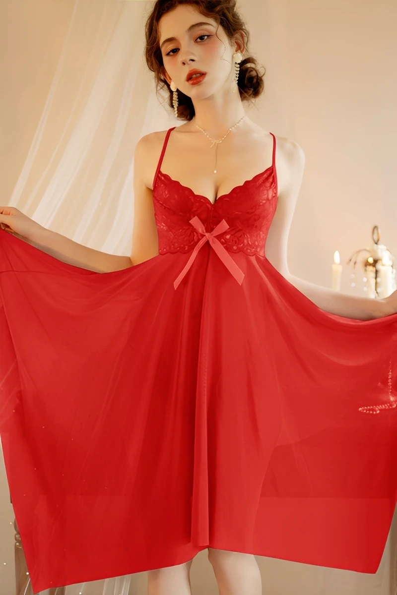 Wine red sheer lace babydoll with adjustable straps, bulk lace pajamas women for B2B lingerie supply