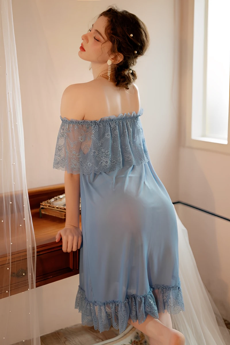 Back view of blue bulk lace sexy pajamas showing loose silhouette and lace trim hem