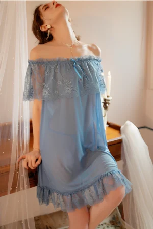 Model wearing blue bulk lace sexy pajamas with off-shoulder lace neckline and sheer flowing fabric