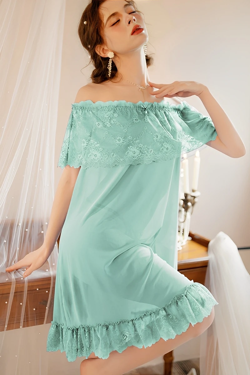 Mint green bulk lace sexy pajamas with off-shoulder lace neckline and sheer skirt