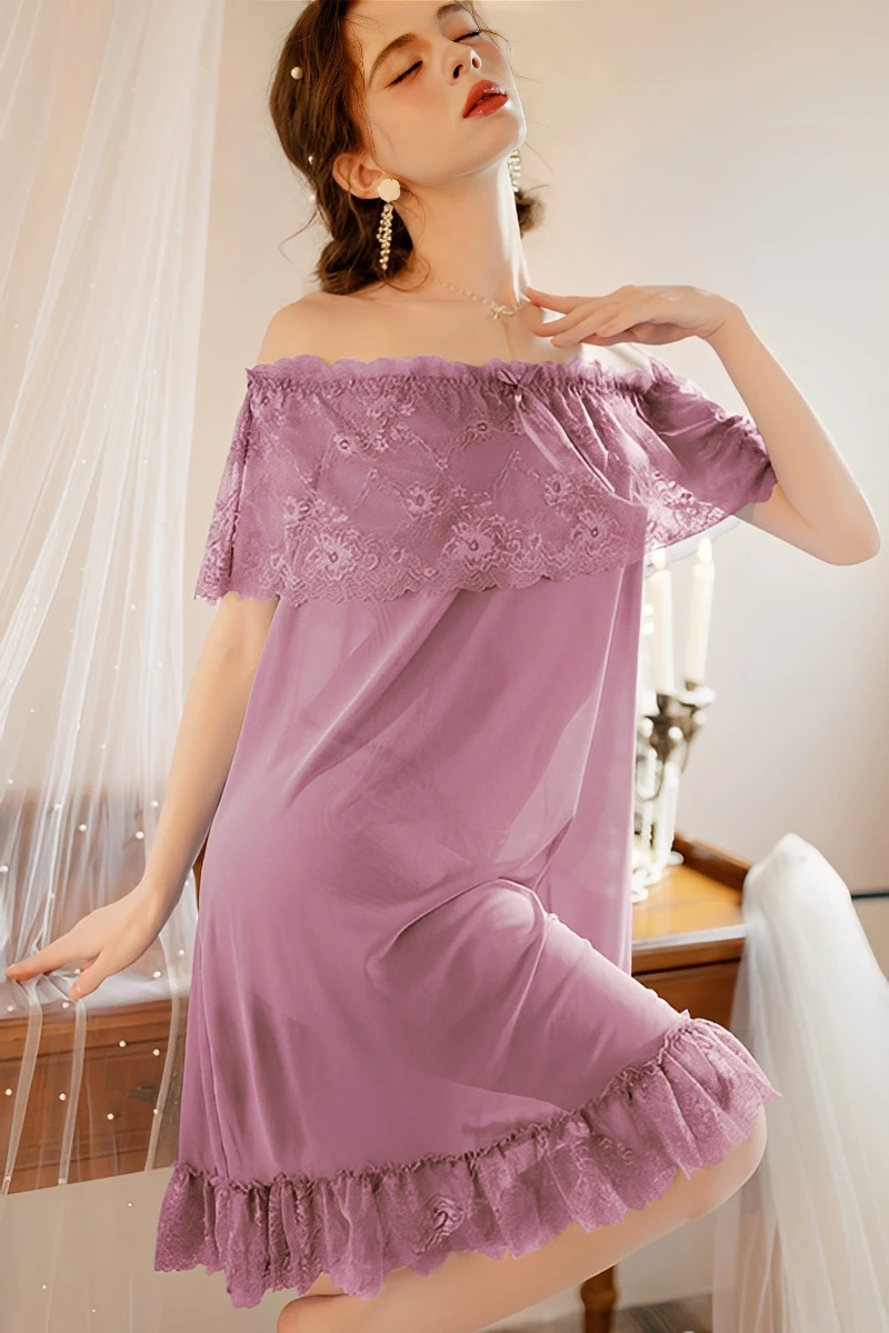 Purple bulk lace sexy pajamas with off-shoulder lace top and flowing sheer silhouette