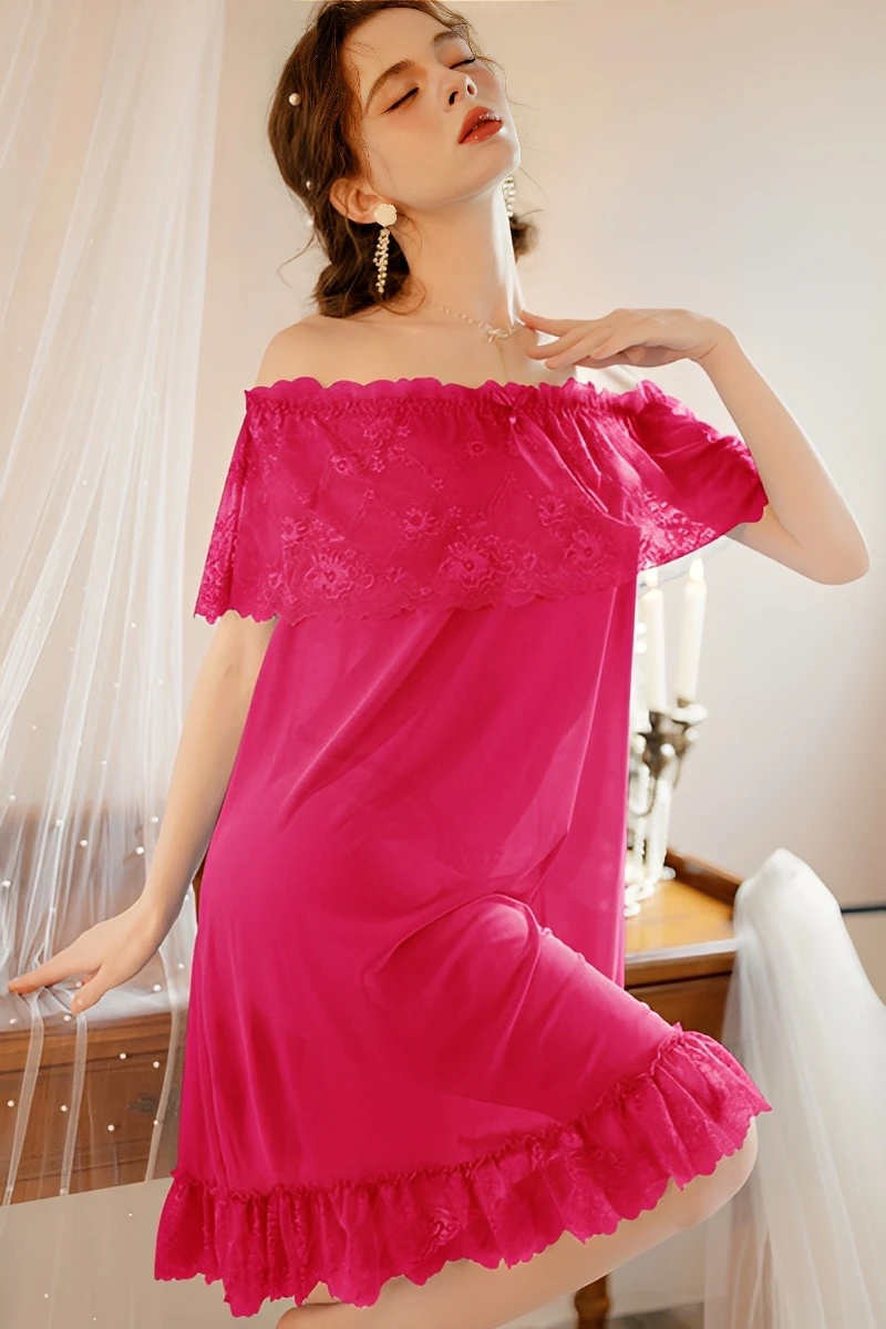 Rose pink bulk lace sexy pajamas featuring off-shoulder lace detail and flowing sheer fabric