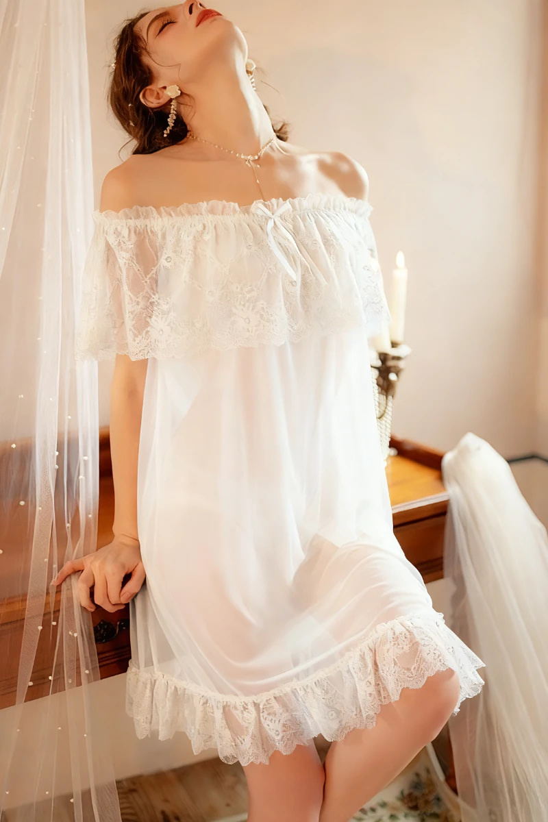 White bulk lace sexy pajamas with off-shoulder lace neckline and sheer elegant finish