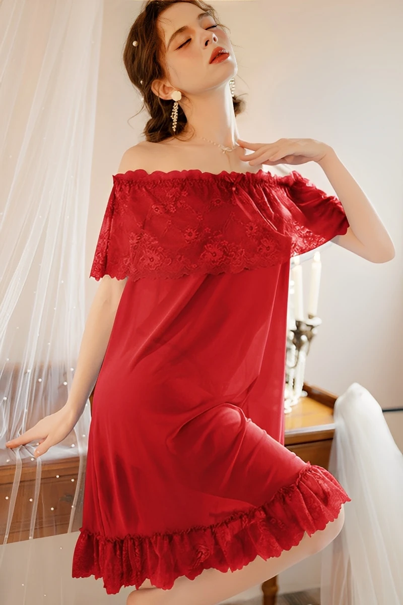 Wine red bulk lace sexy pajamas with lace neckline, sheer body, and ruffled hem