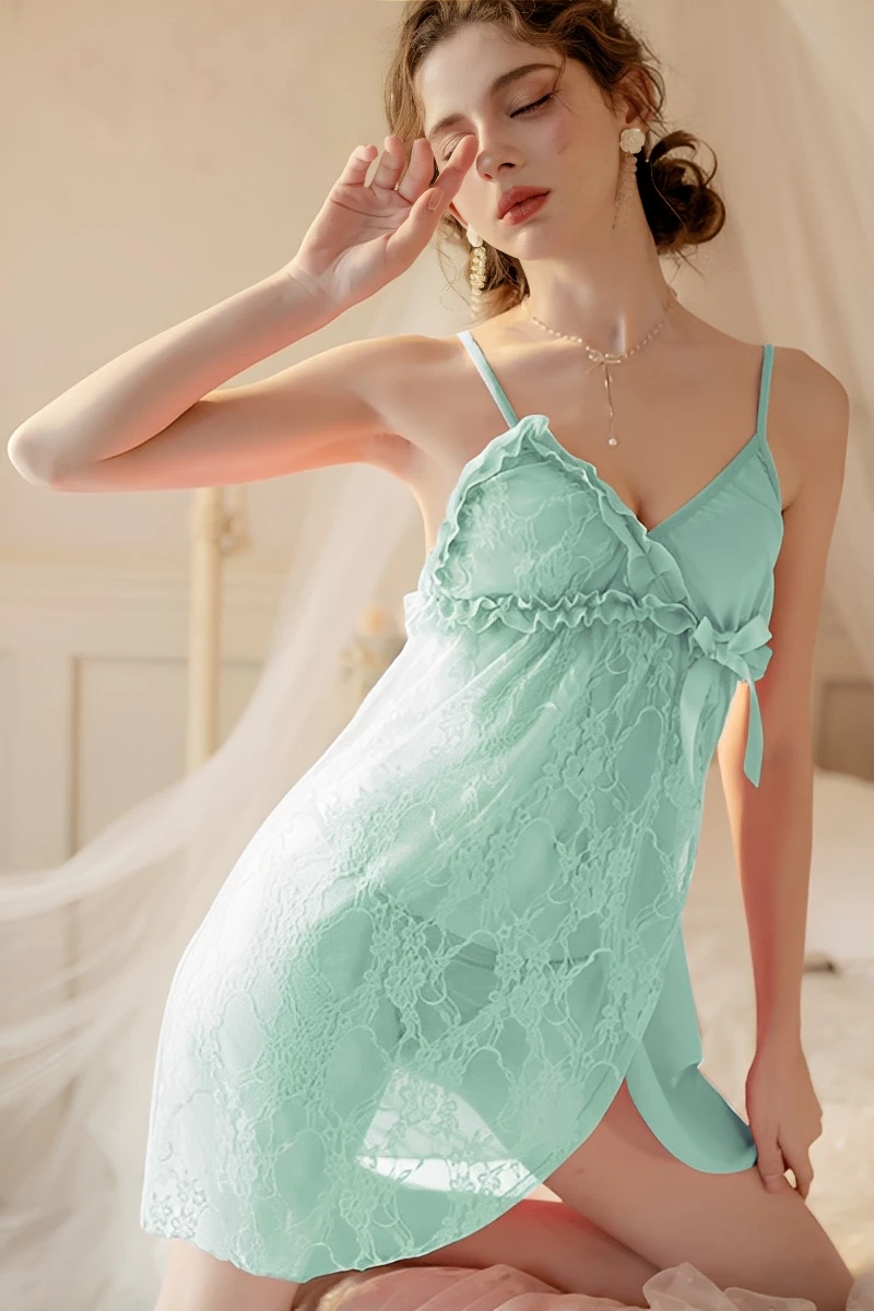 Mint green bulk lace trim pajama set with lace trim detailing and lightweight sheer fabric