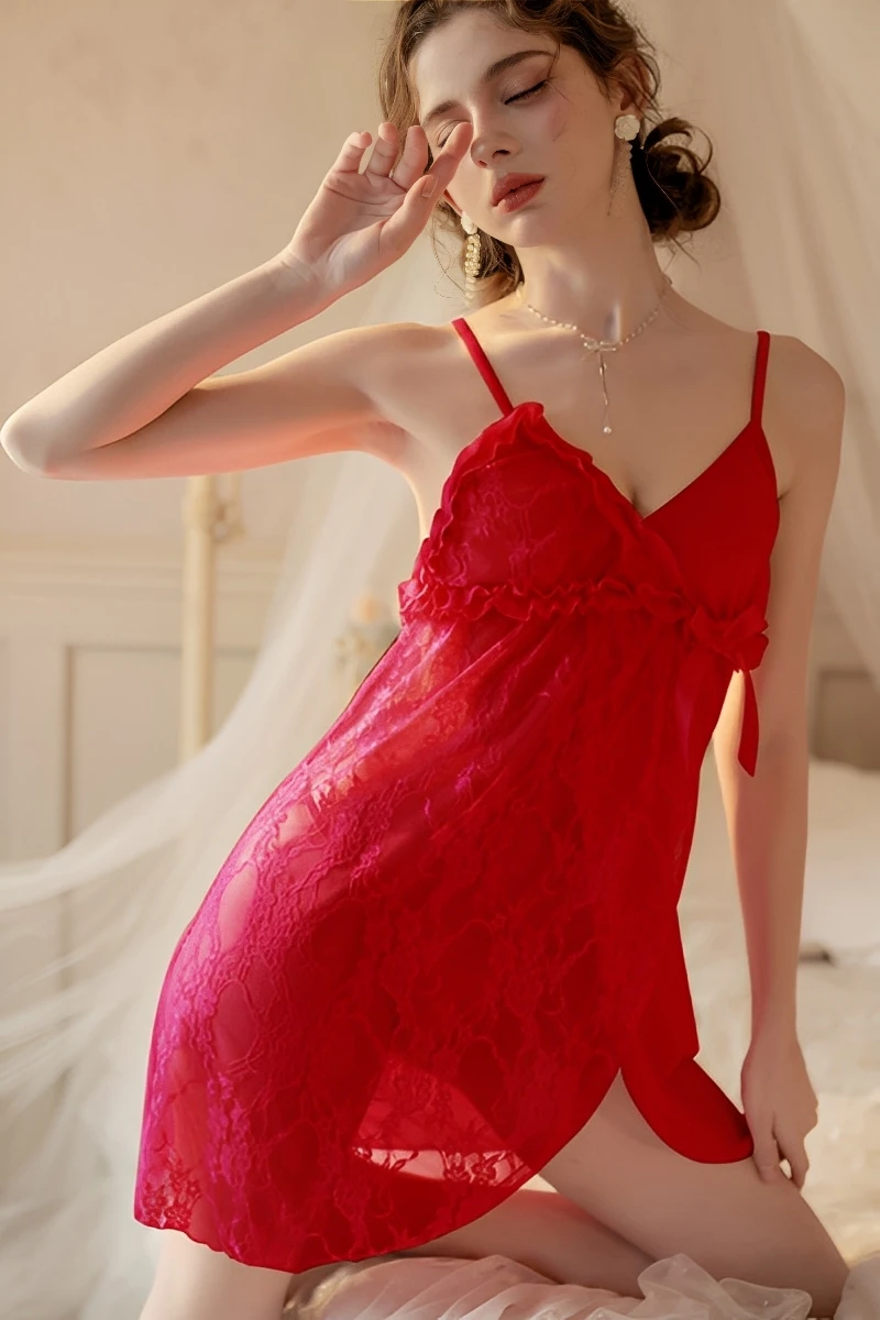 Wine red bulk lace trim pajama set with lace-trimmed bust, sheer body, and feminine silhouette