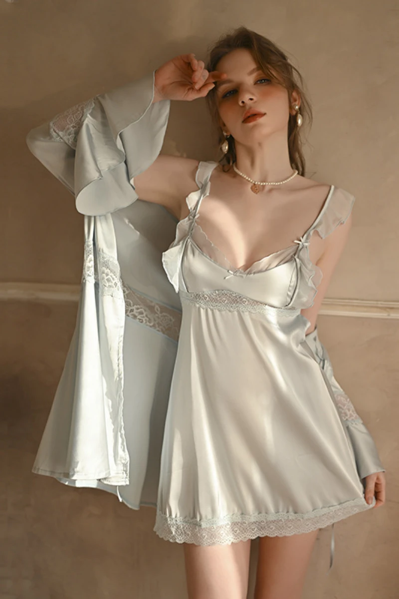 Sage green long satin nightgown with lace trim and robe, created for bulk long sexy nightgowns collections.