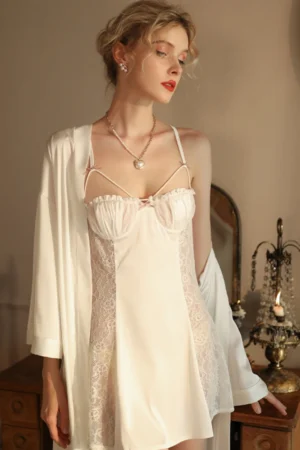 Model wearing a sheer lace slip with satin panels, designed as a bulk nightgown sexy style for women buyers.