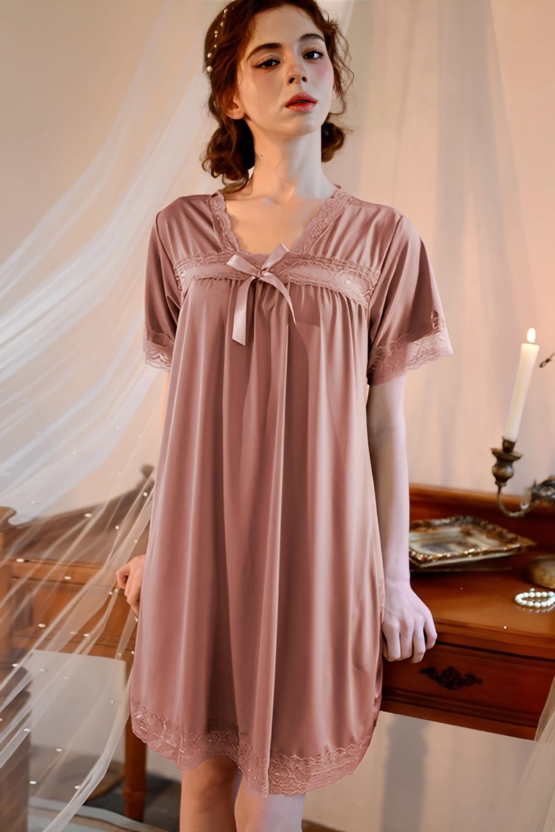Khaki-toned nightdress with refined details presented for bulk pajama lace wholesale buyers