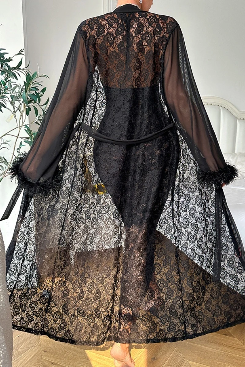 Back view of black lace long nightgown with sheer robe overlay and waist tie, refined bulk sexy black nightgown wholesale style