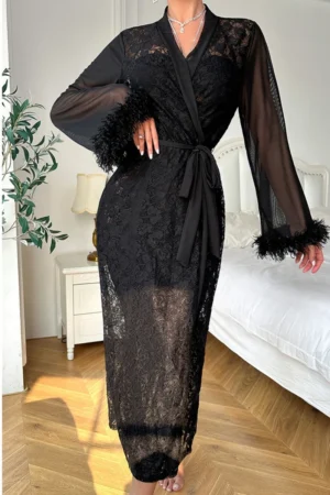 Front view of black lace long nightgown with sheer sleeves, feather-trim cuffs, and waist tie, elegant bulk sexy black nightgown style