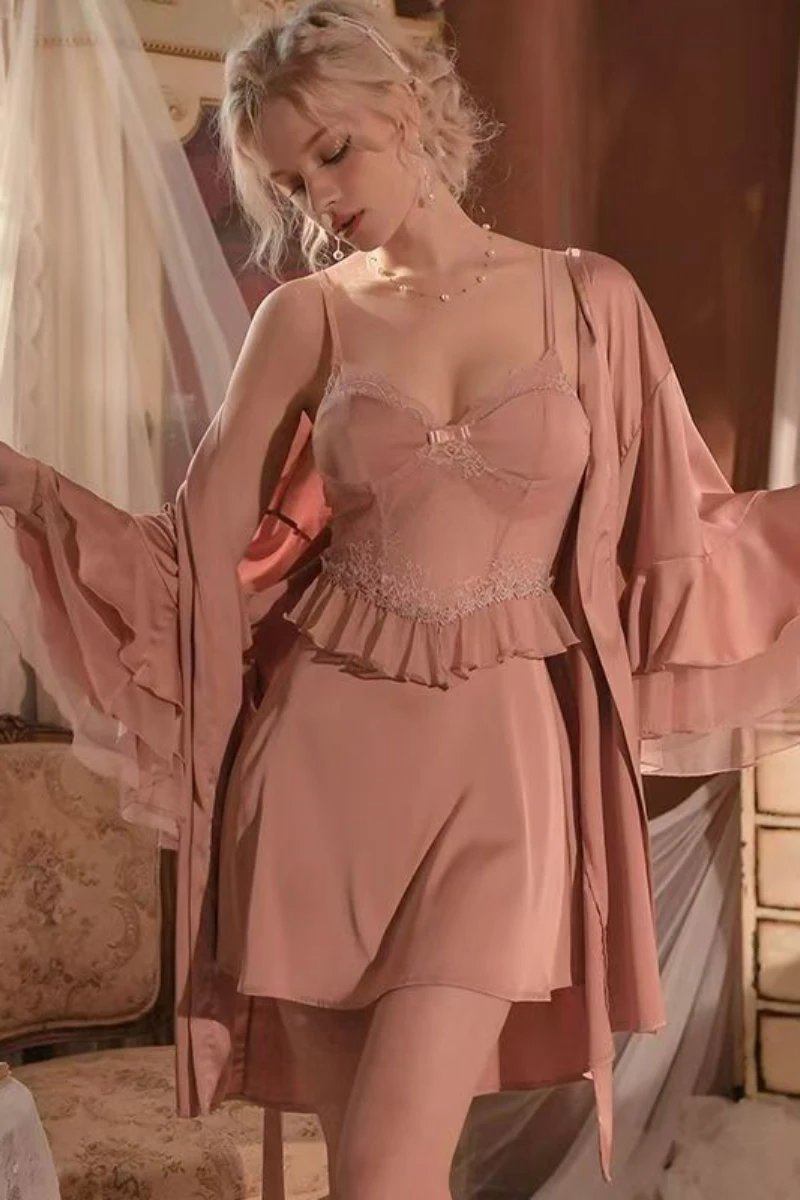 Bulk sexy cotton nightgown in blush pink with lace cups, ruffle waist detail, and coordinated robe for women’s nightwear supply